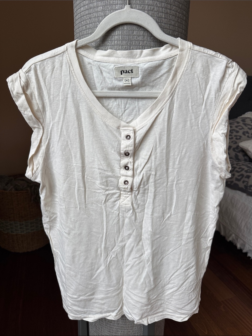 Pact Cream Cap-Sleeve Henley Button Top
